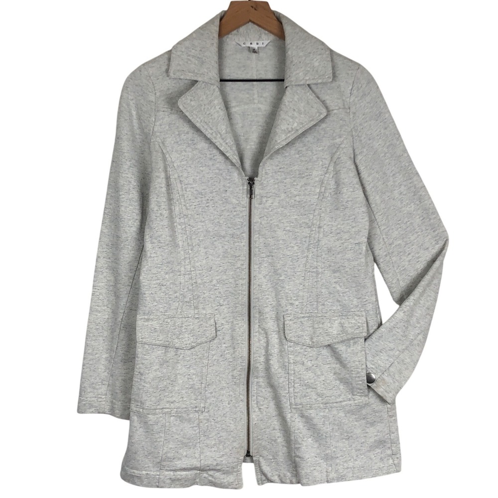 Cabi Sweatshirt Notched Lapel Jacket Sz M Heathered Grey Full Zip Pockets Cotton